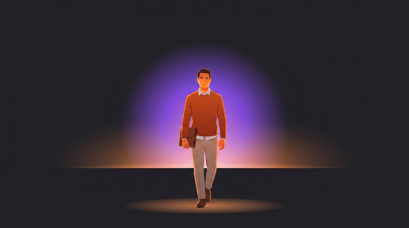 An early-journey founder walking forward into the light, portfolio under one arm.