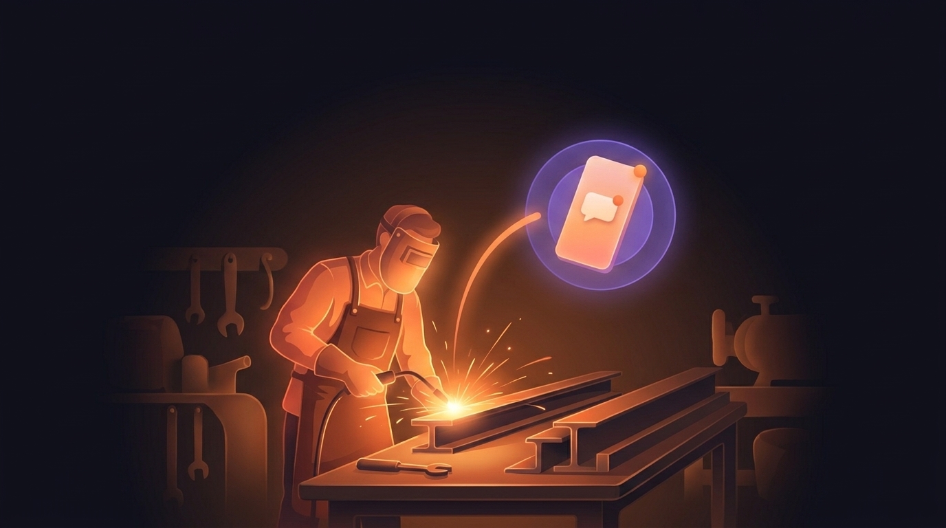 A welder at the bench, sparks flying, with a phone icon lighting up as a new quote request arrives.
