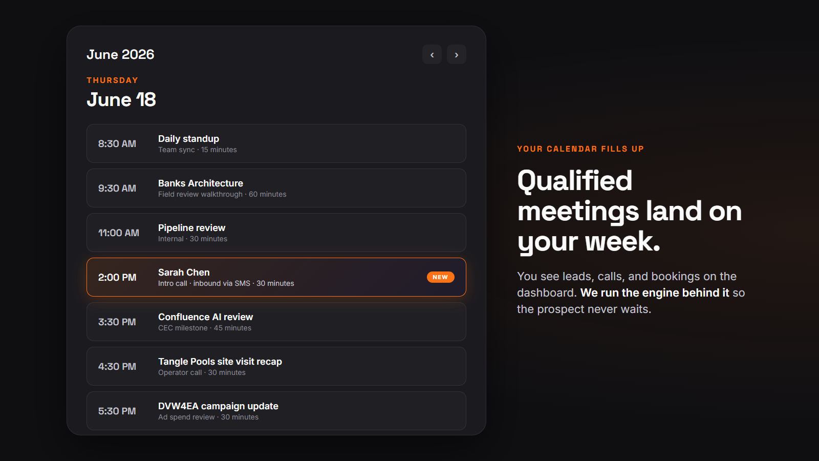 Operator calendar showing the booked Thursday 2pm intro call with the 'Meeting booked, SMS sent' confirmation.