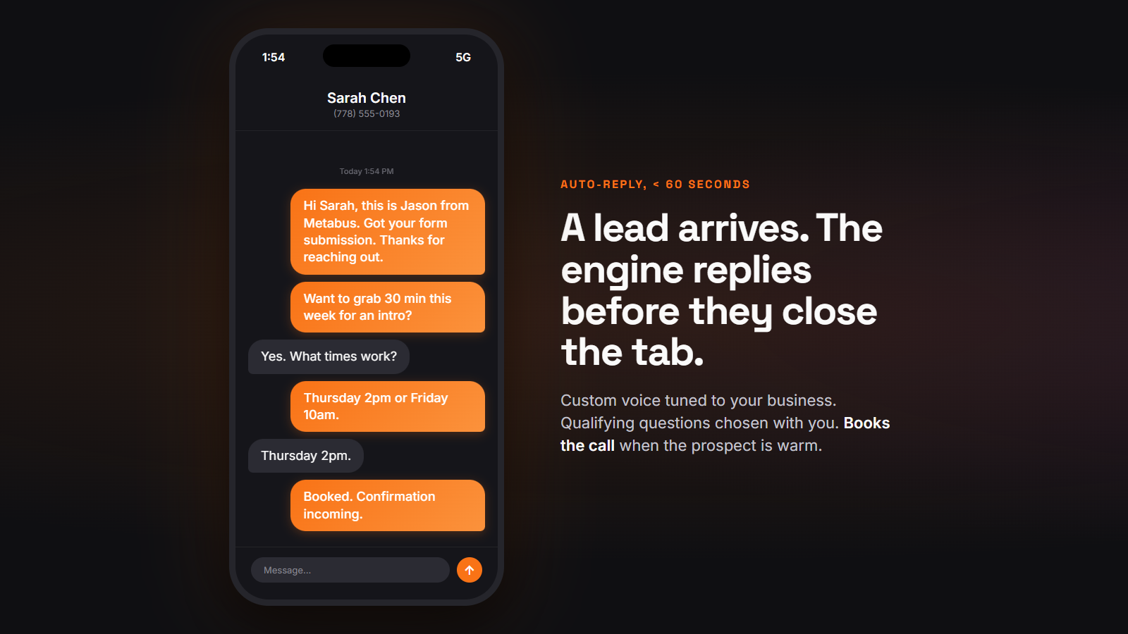 Live SMS thread on a phone showing the engine replying to a new lead and offering a Thursday 2pm slot.